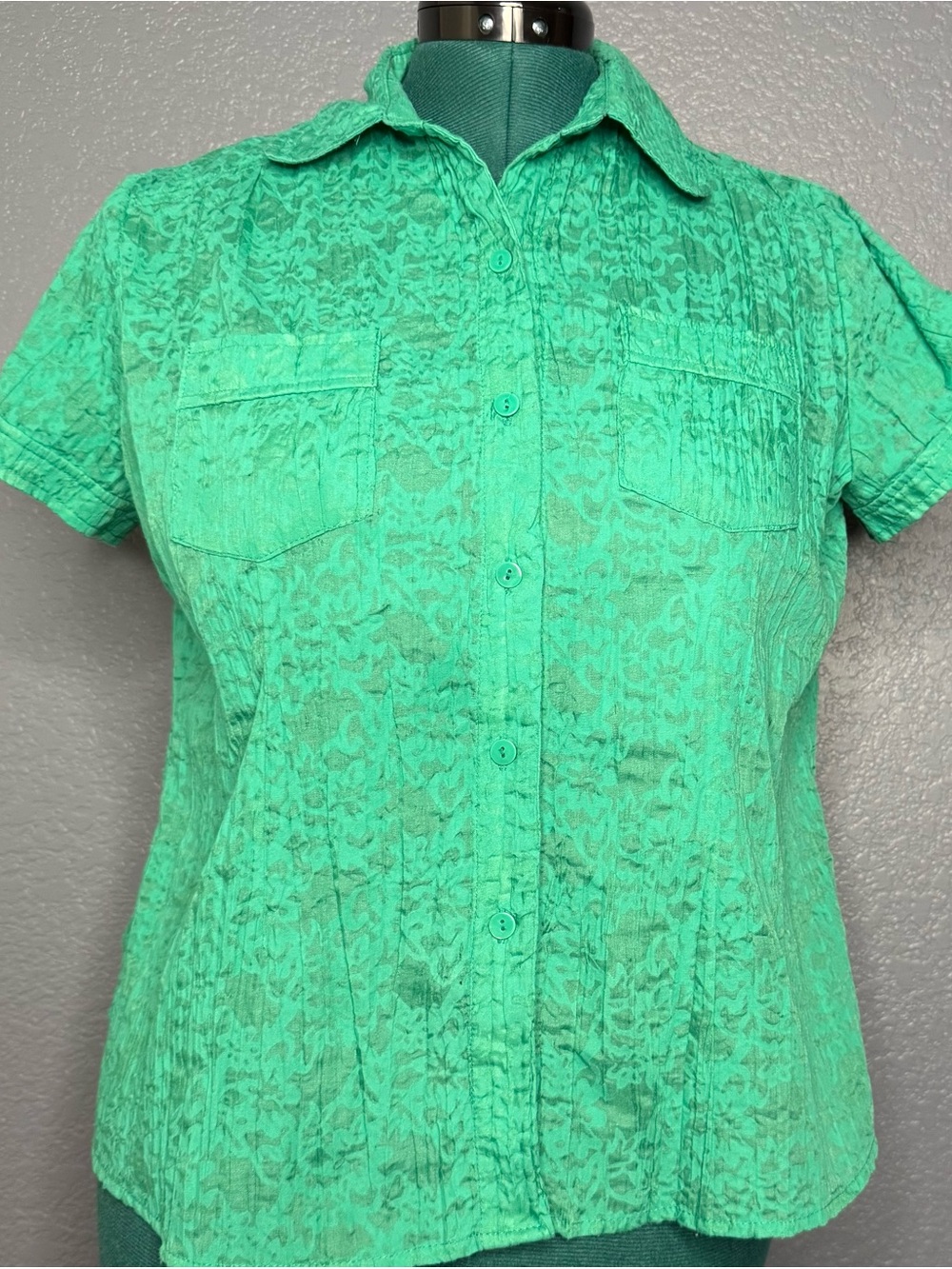 Allison Daley Green Lace Button Down Blouse Textured Short Sleeve Petite 6‎